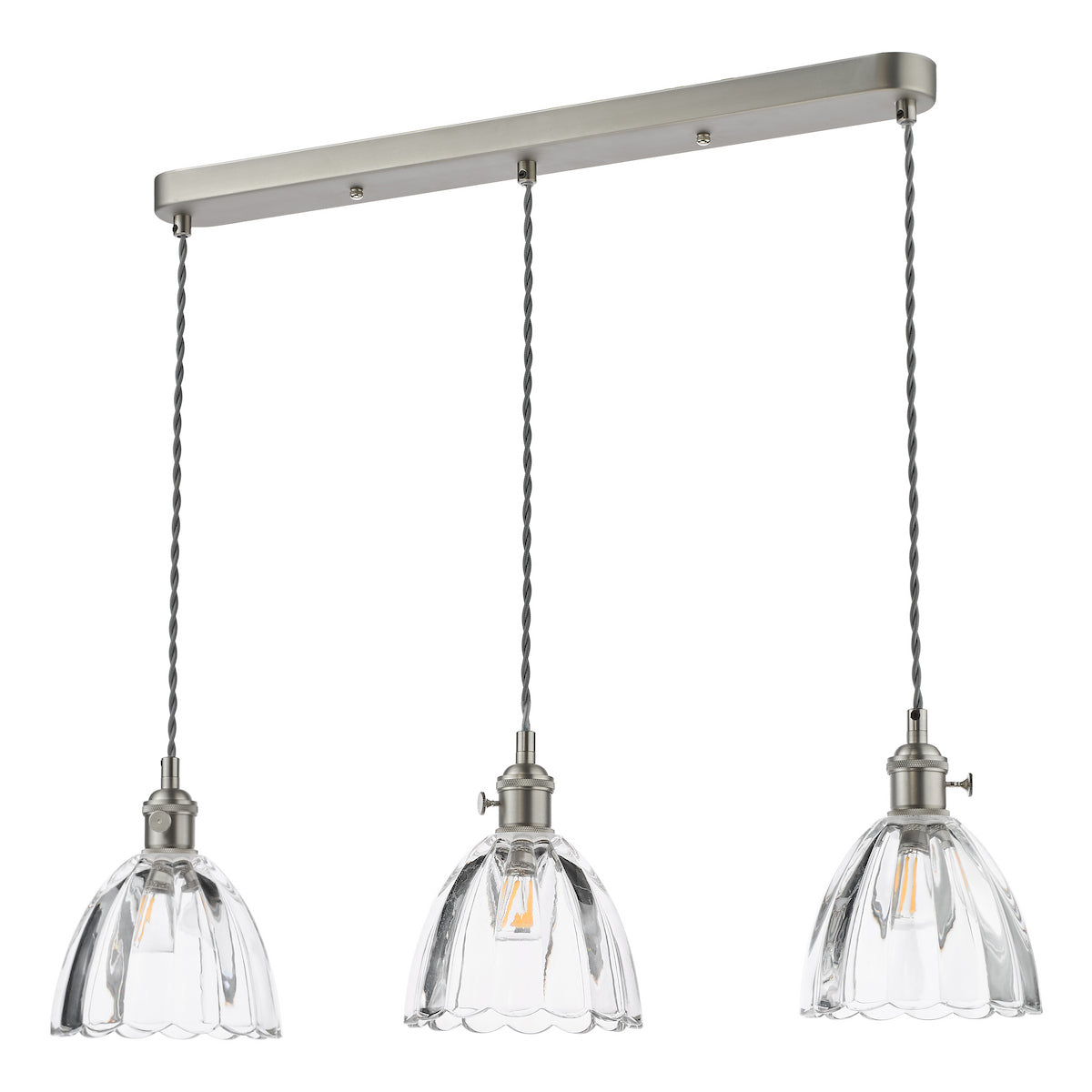 Dar Hadano 3 Light Bar Pendant Antique Chrome and Scalloped Bell Glass