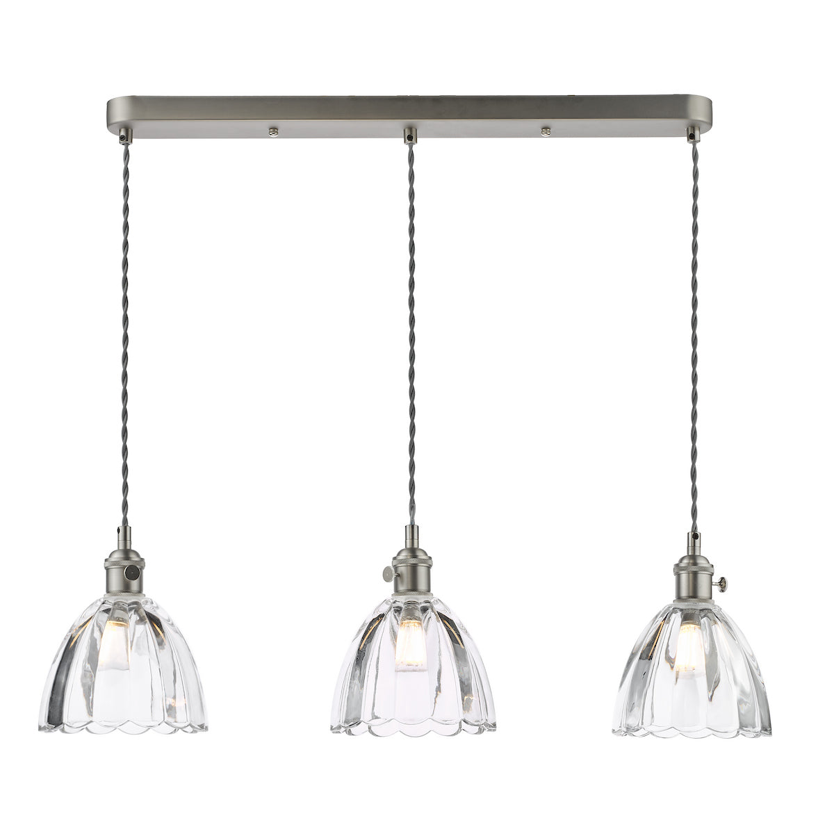 Dar Hadano 3 Light Bar Pendant Antique Chrome and Scalloped Bell Glass