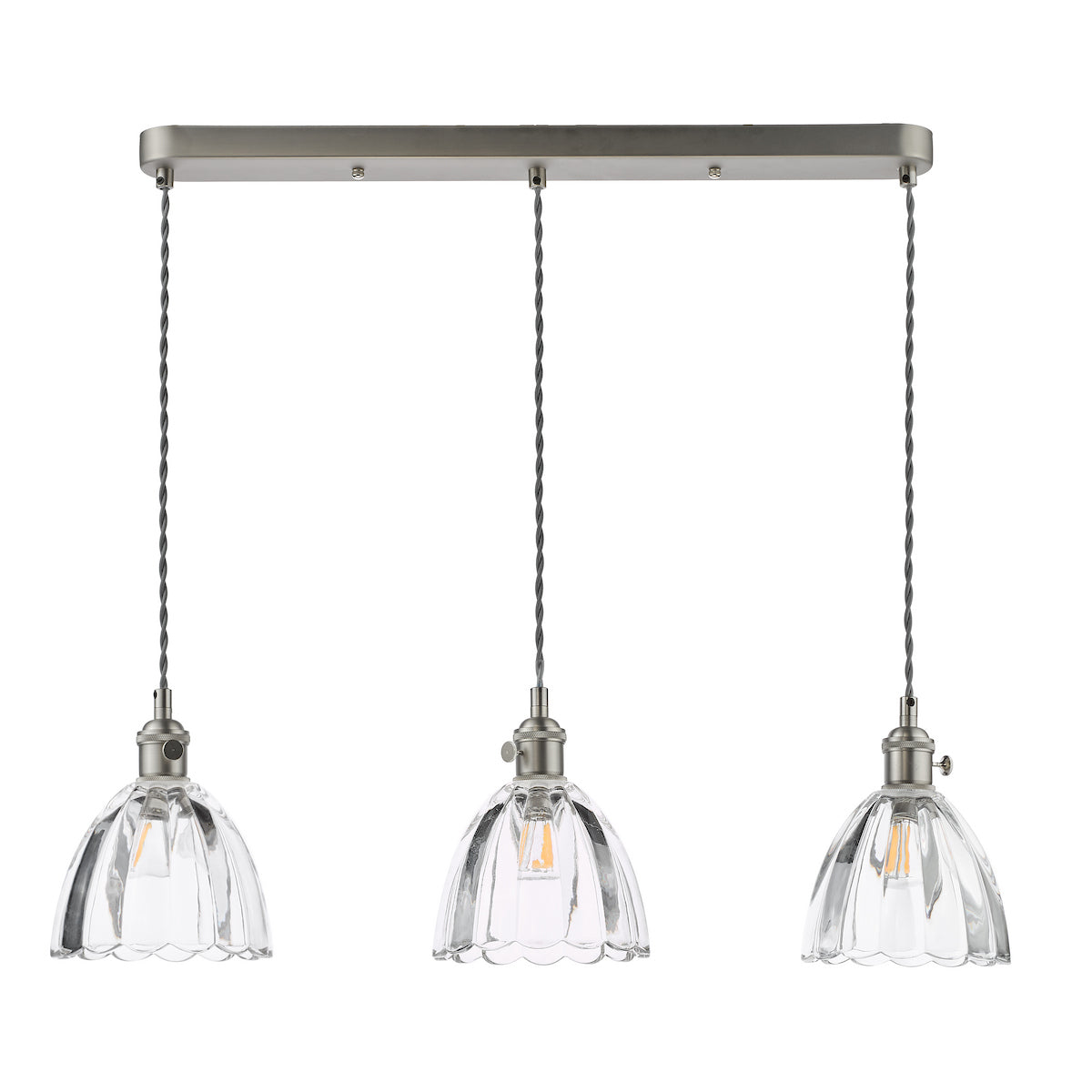 Dar Hadano 3 Light Bar Pendant Antique Chrome and Scalloped Bell Glass