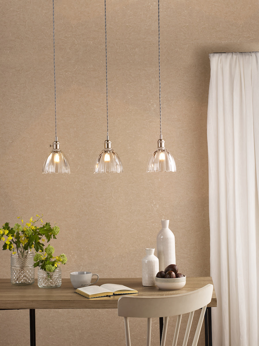 Dar Hadano 3 Light Bar Pendant Antique Chrome and Scalloped Bell Glass