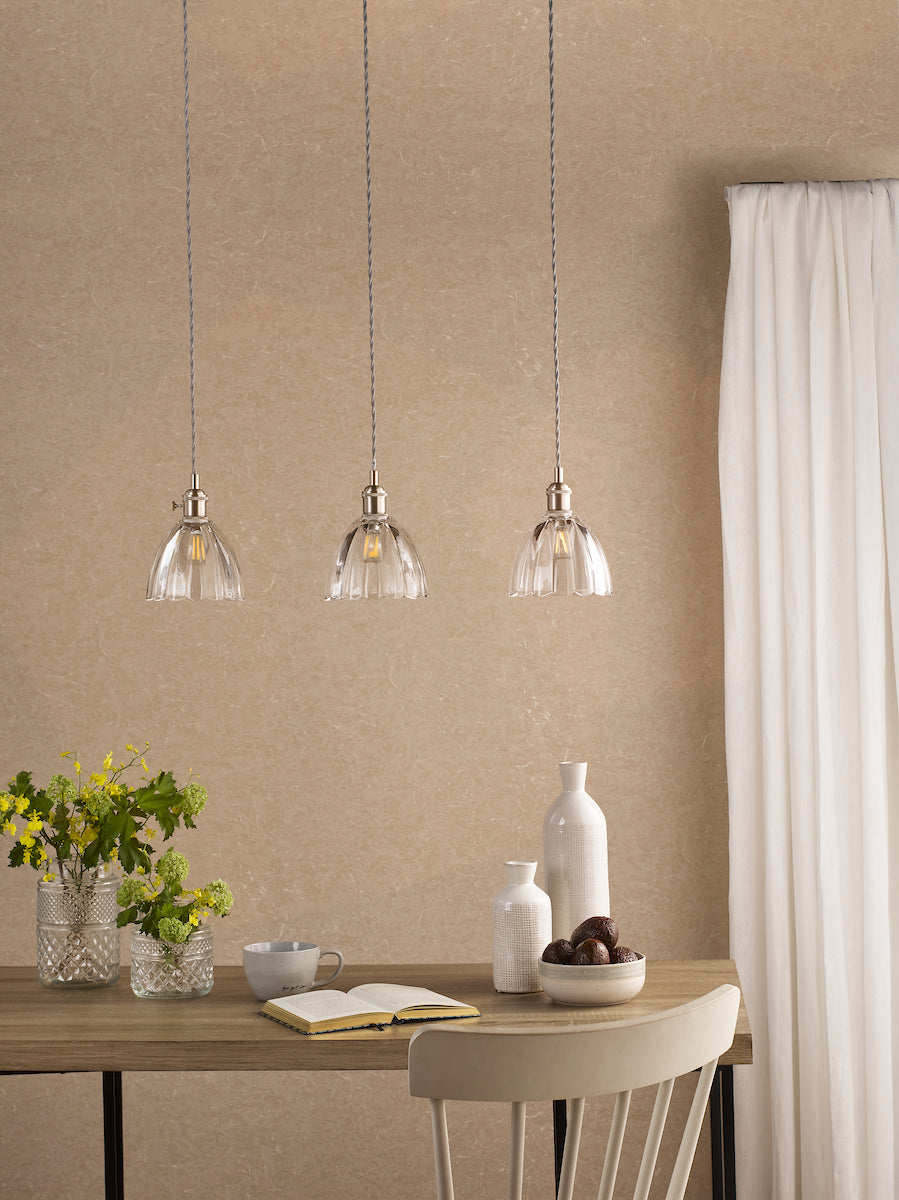 Dar Hadano 3 Light Bar Pendant Antique Chrome and Scalloped Bell Glass