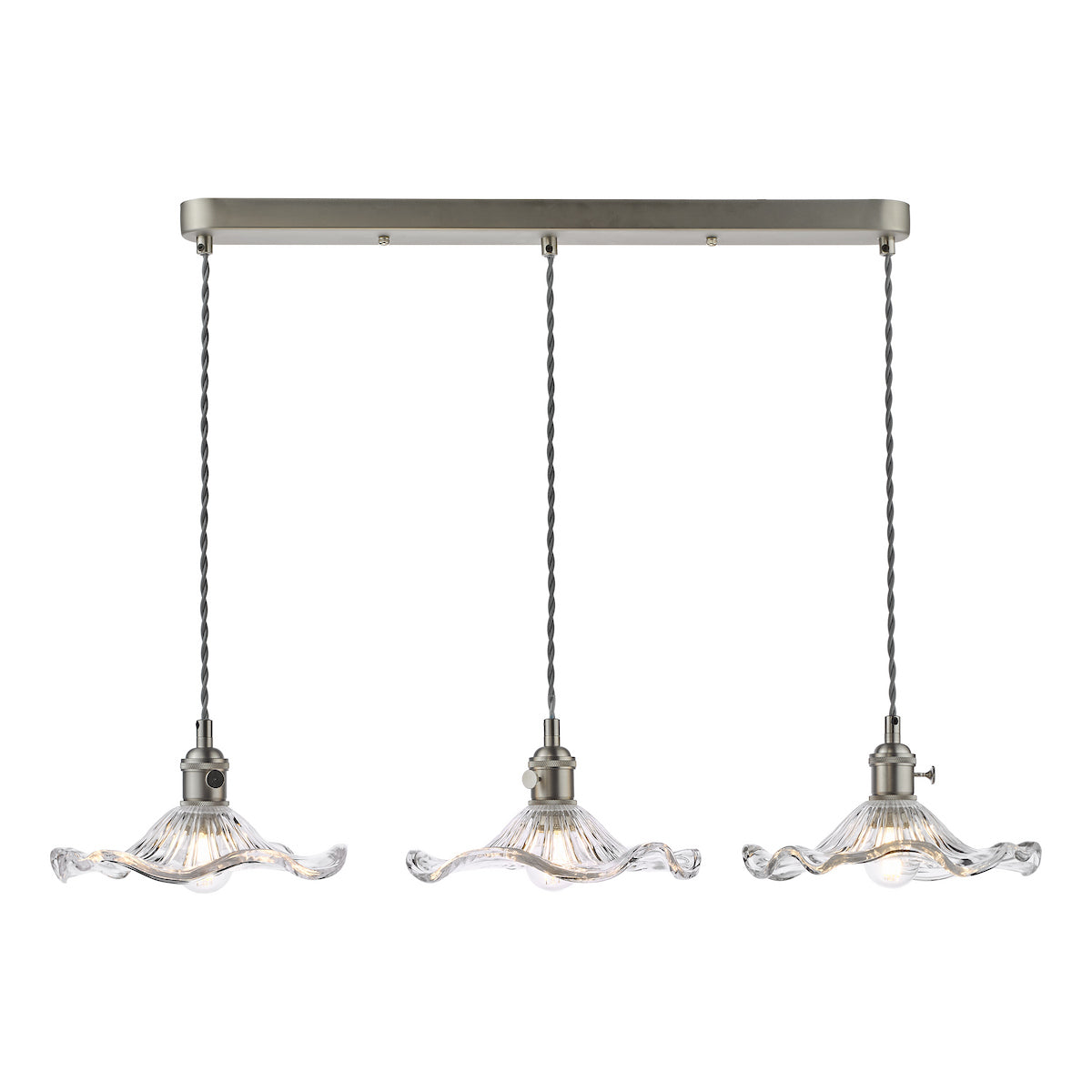 Dar Hadano 3 Light Bar Pendant Antique Chrome and Wavy Glass