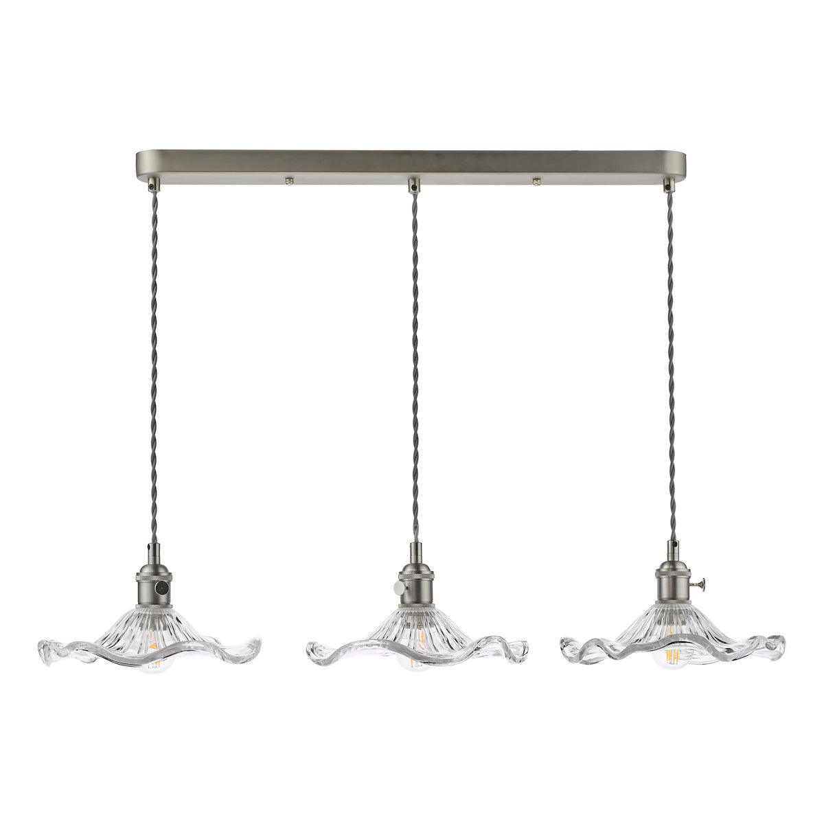 Dar Hadano 3 Light Bar Pendant Antique Chrome and Wavy Glass