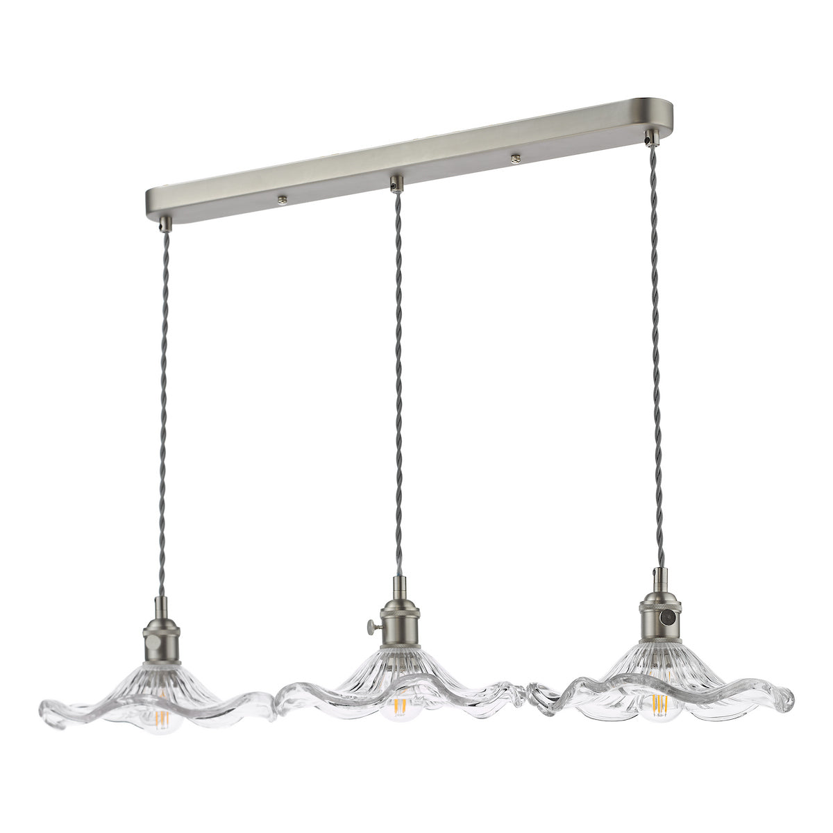Dar Hadano 3 Light Bar Pendant Antique Chrome and Wavy Glass
