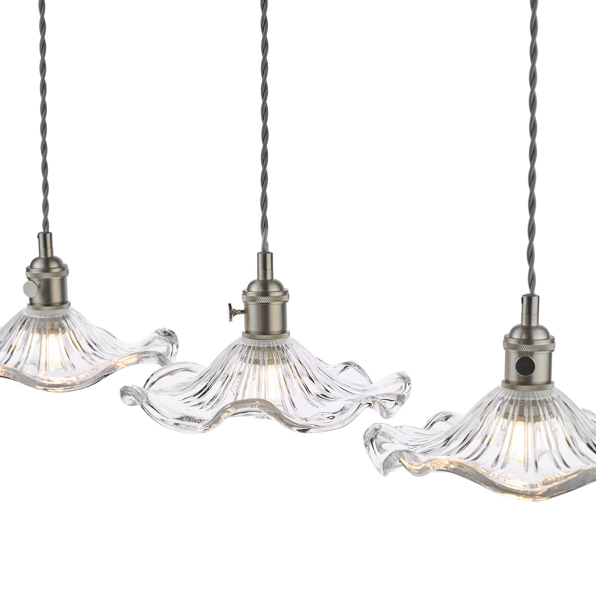 Dar Hadano 3 Light Bar Pendant Antique Chrome and Wavy Glass