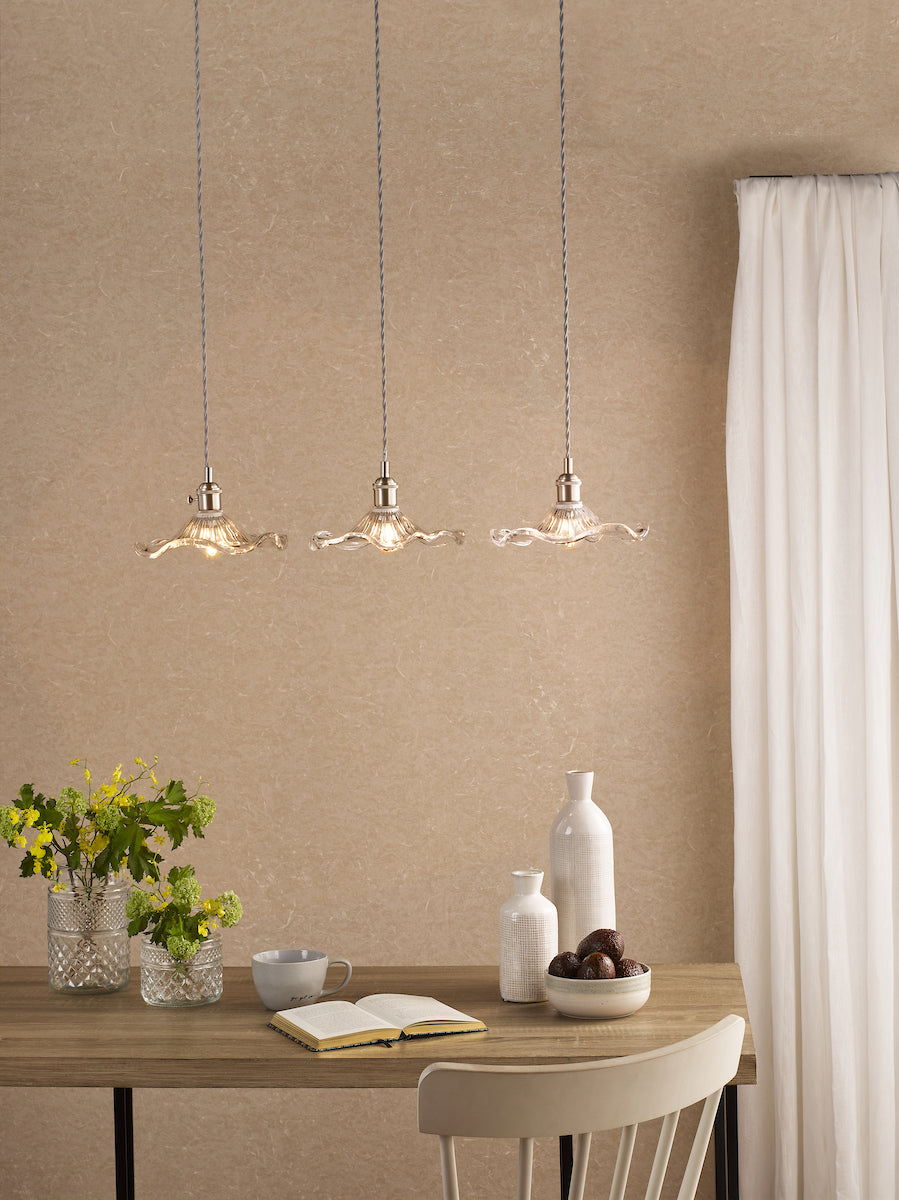 Dar Hadano 3 Light Bar Pendant Antique Chrome and Wavy Glass