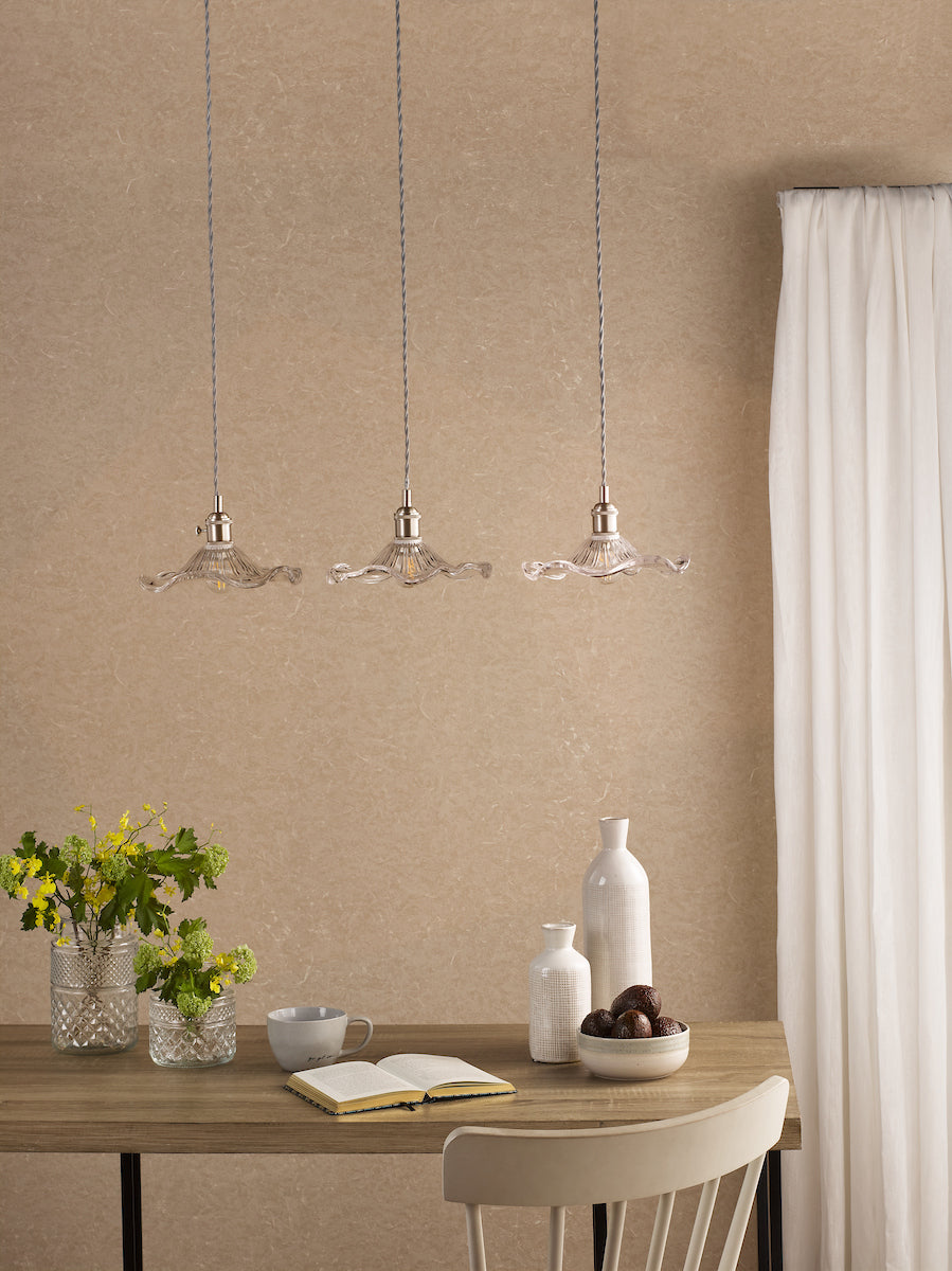 Dar Hadano 3 Light Bar Pendant Antique Chrome and Wavy Glass