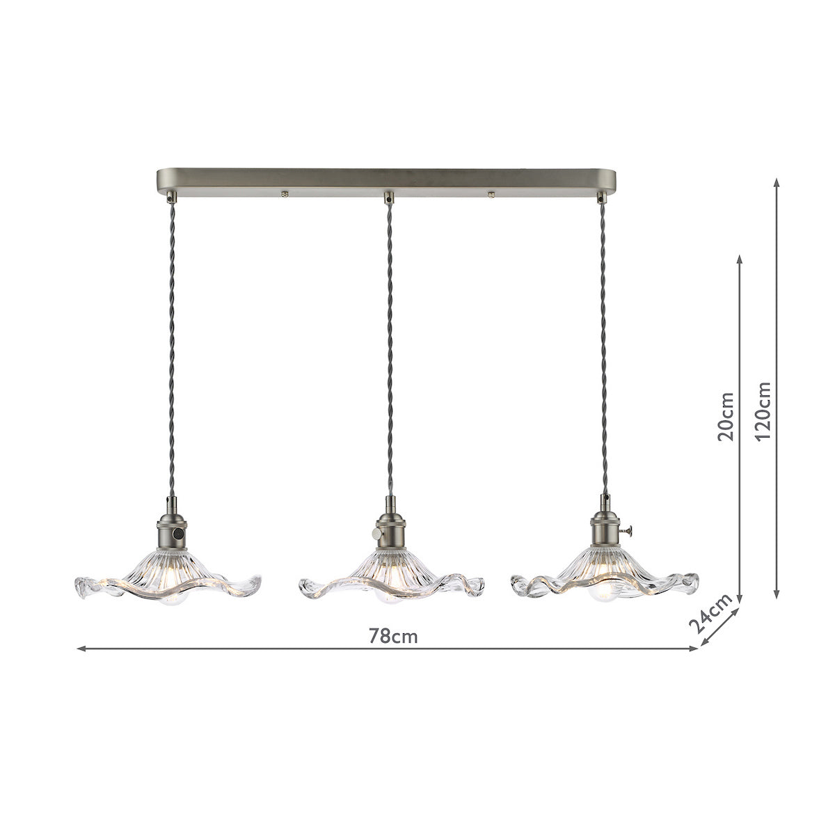 Dar Hadano 3 Light Bar Pendant Antique Chrome and Wavy Glass