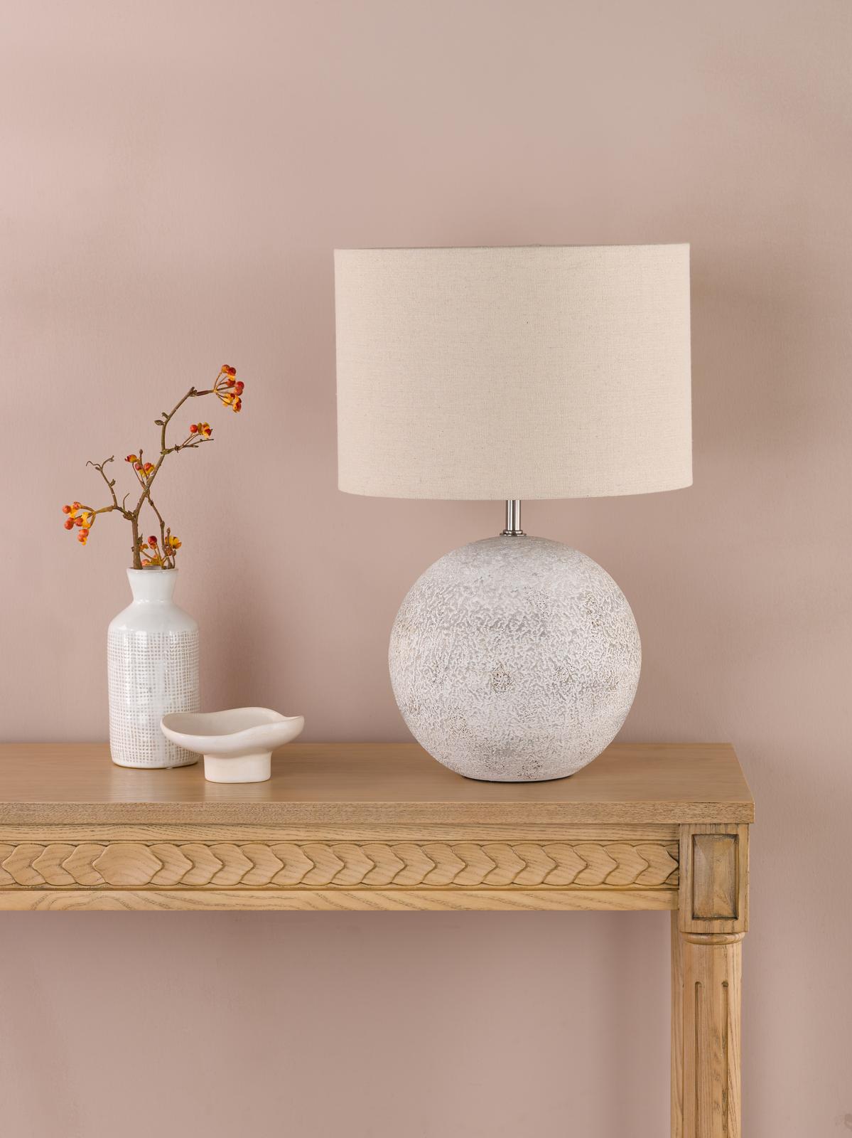 Dar Havana Small Table Lamp Natural Ceramic and Satin Nickel With Linen Shade