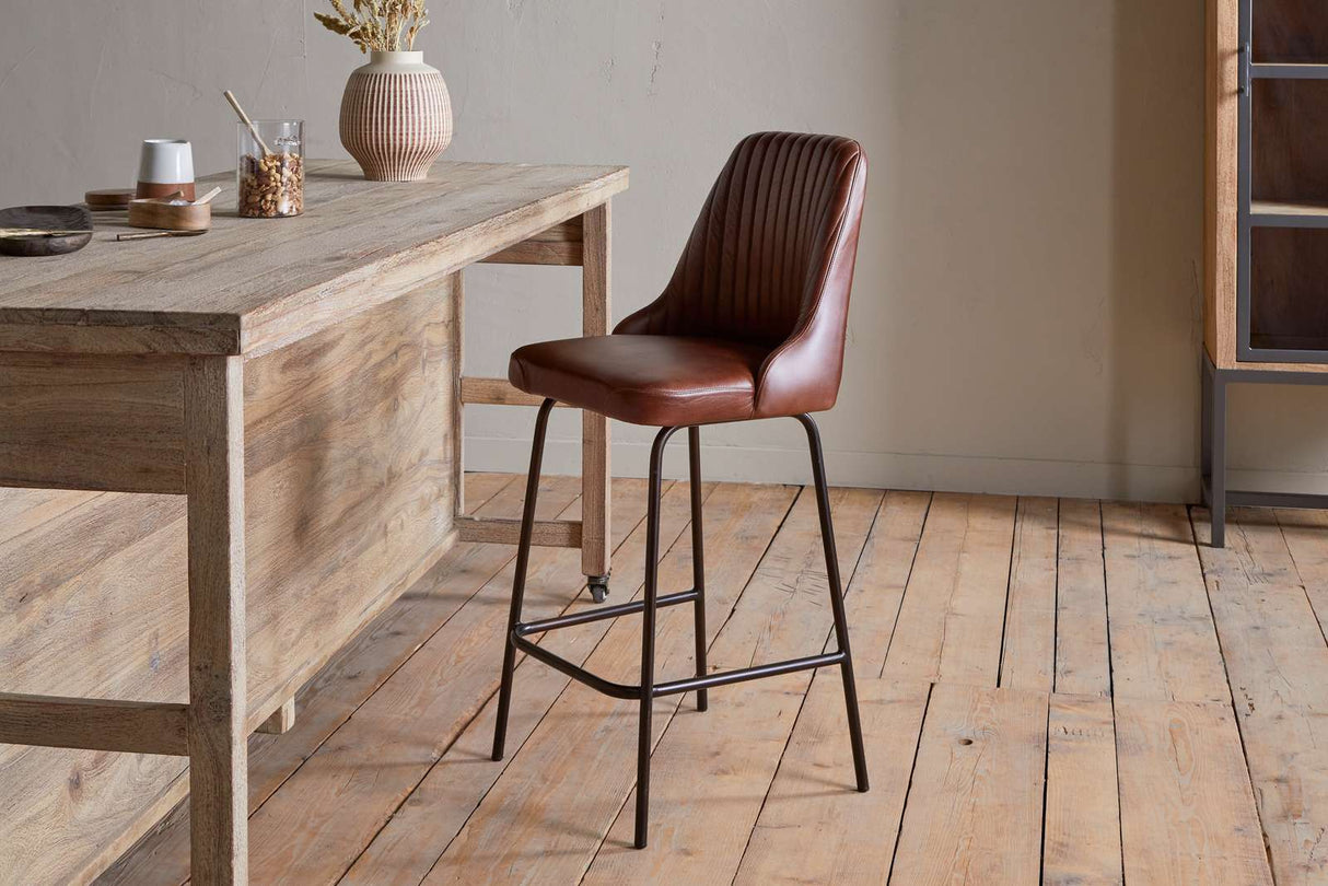 Nkuku Harsha Leather Counter Chair Chocolate Brown