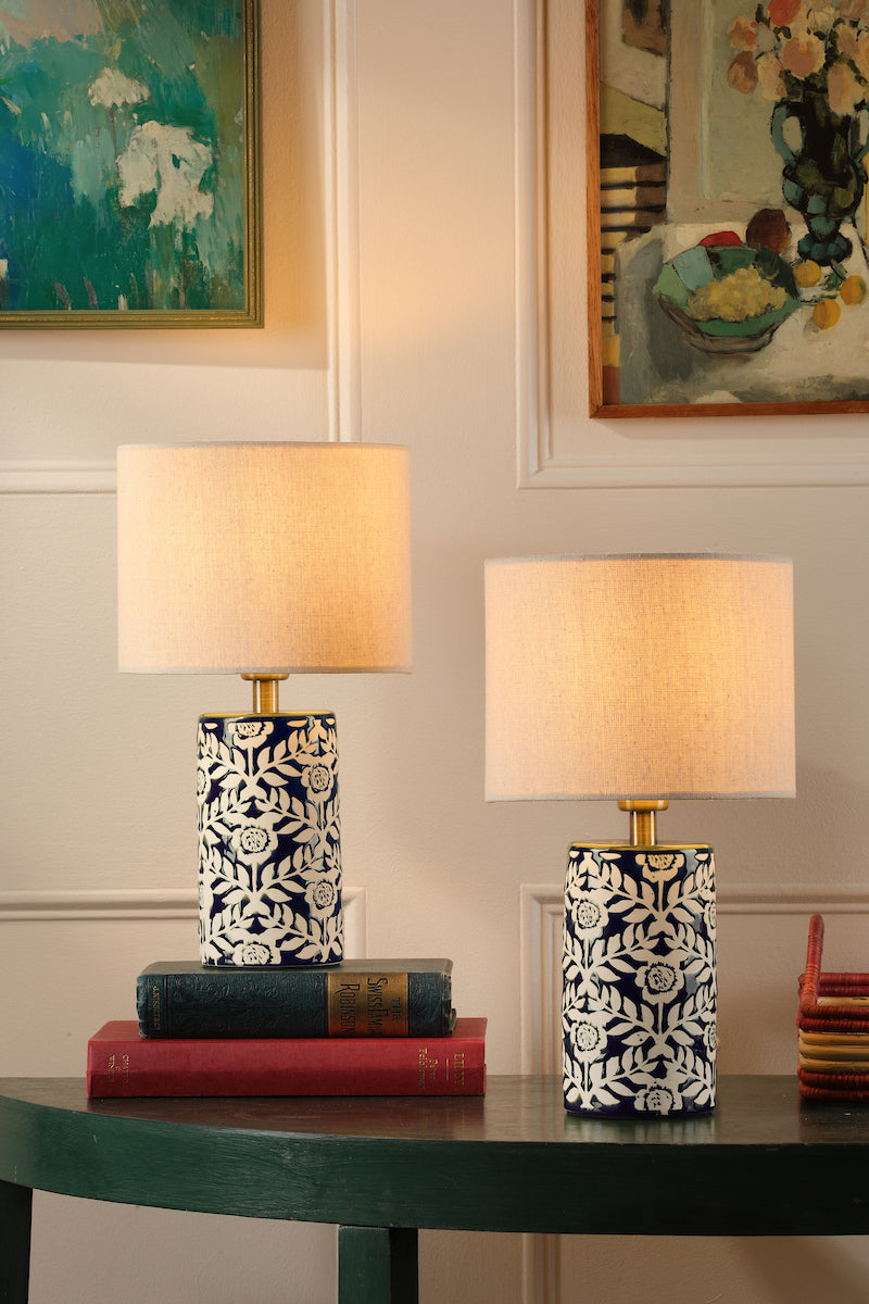 Joules Highclere Twin Pack Table Lamp Blue Ceramic With Shade