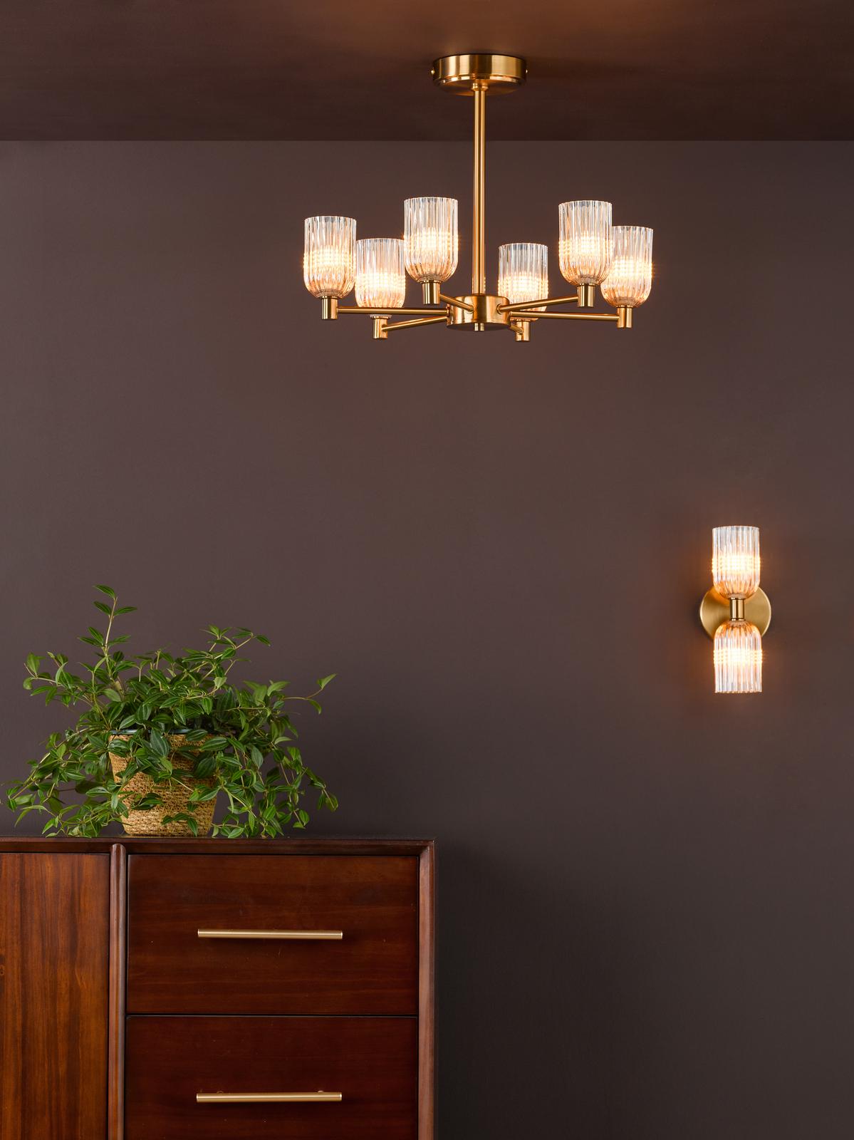 Dar Hilaria 6 Light Semi-Flush Antique Gold and Amber Ribbed Glass
