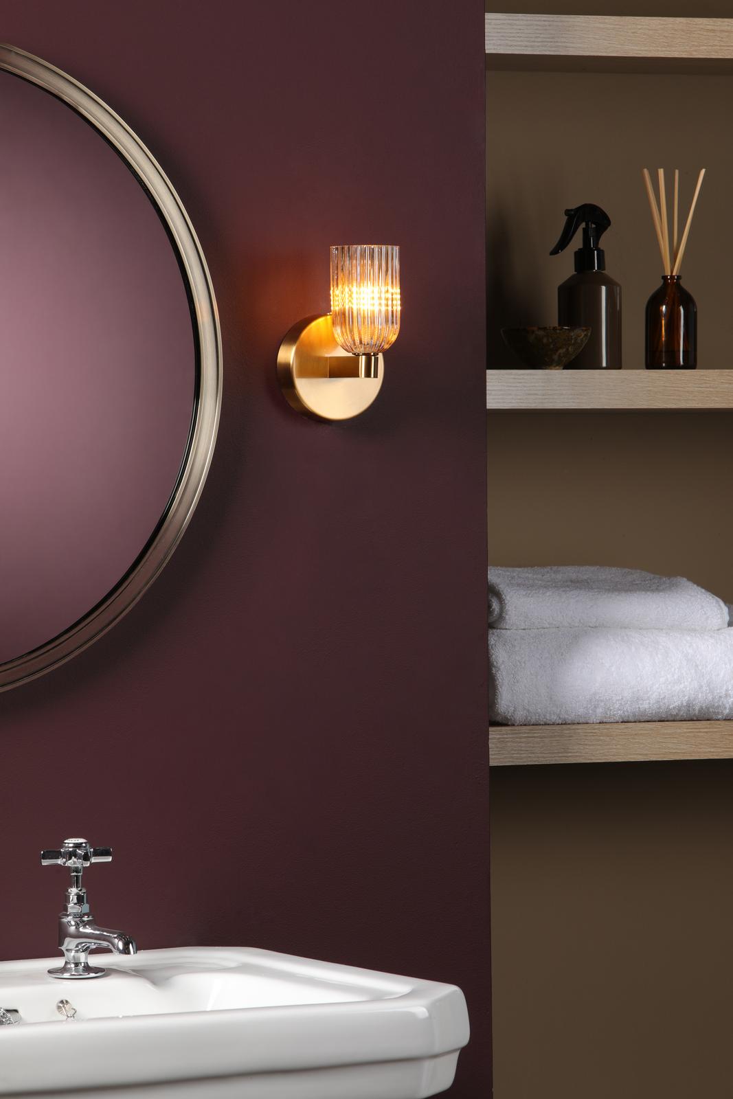 Dar Hilaria Bathroom Wall Light Antique Gold and Amber Ribbed Glass IP44