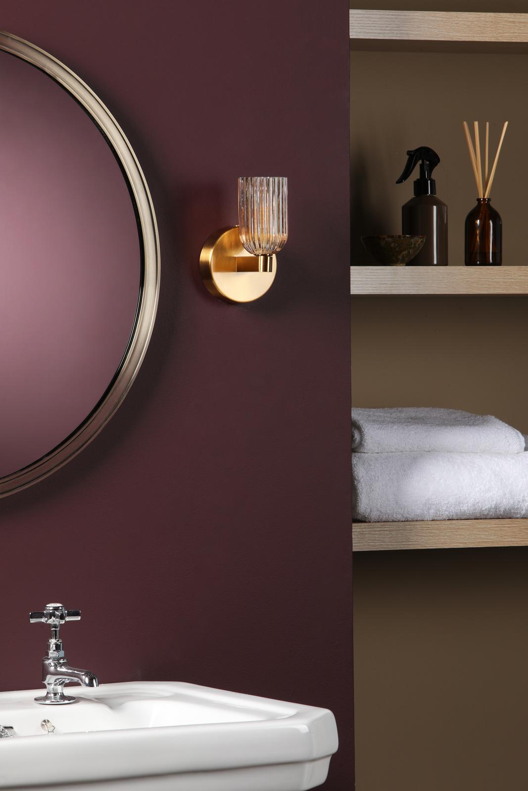 Dar Hilaria Bathroom Wall Light Antique Gold and Amber Ribbed Glass IP44