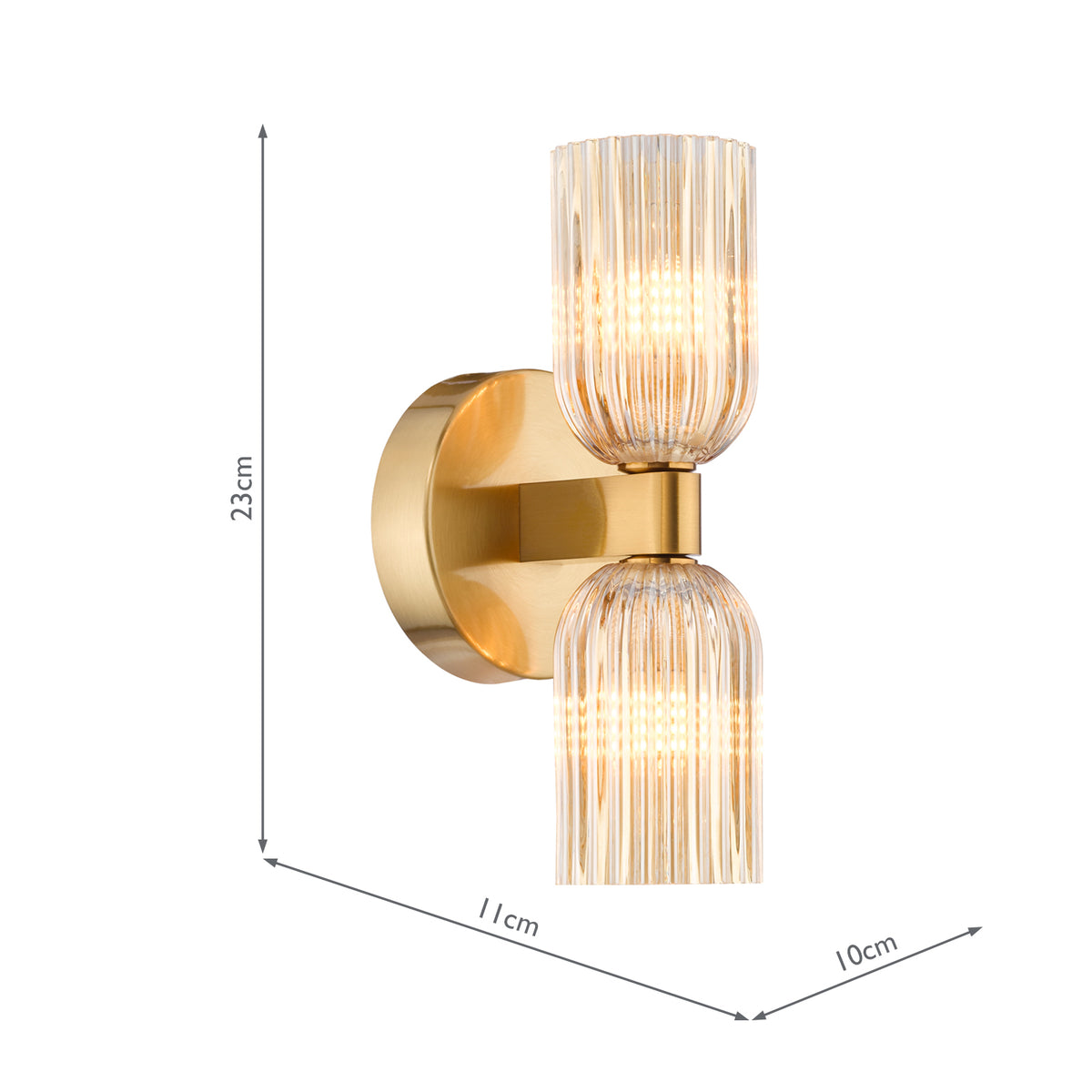 Dar Hilaria 2 Light Bathroom Wall Light Antique Gold and Amber Ribbed Glass IP44