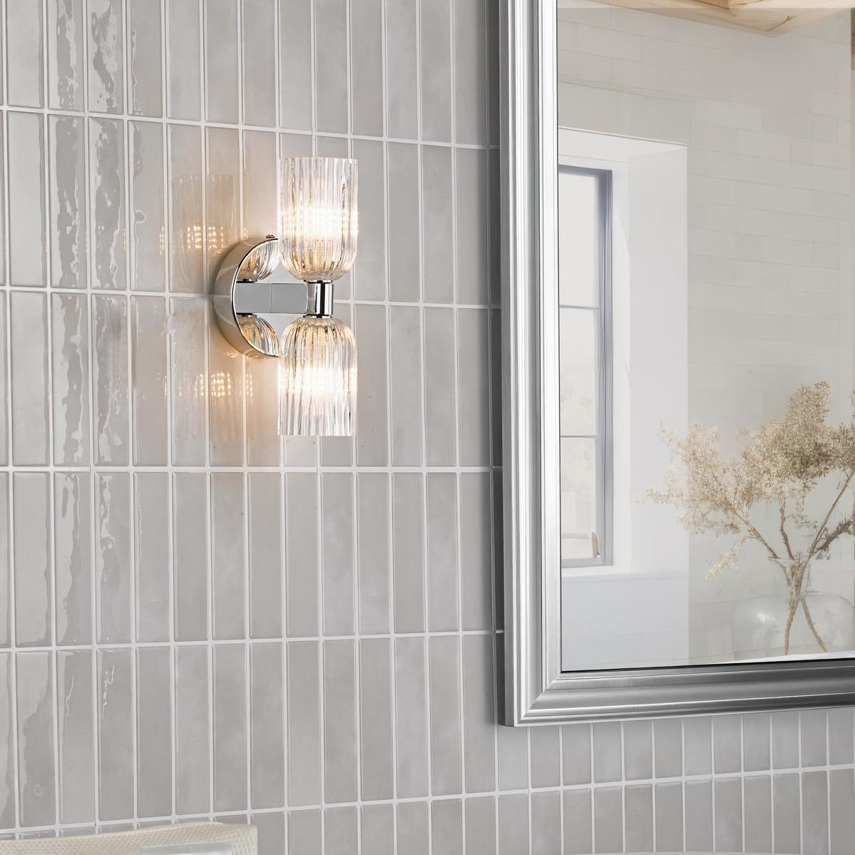 Dar Hilaria 2 Light Bathroom Wall Light Polished Chrome and Ribbed Glass IP44