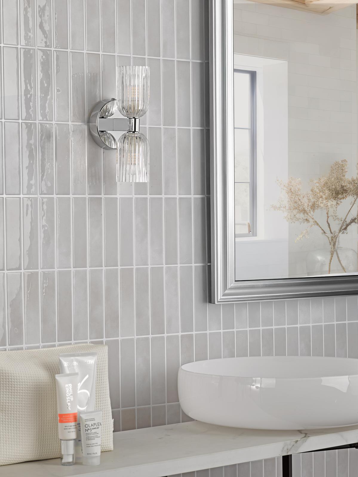 Dar Hilaria 2 Light Bathroom Wall Light Polished Chrome and Ribbed Glass IP44
