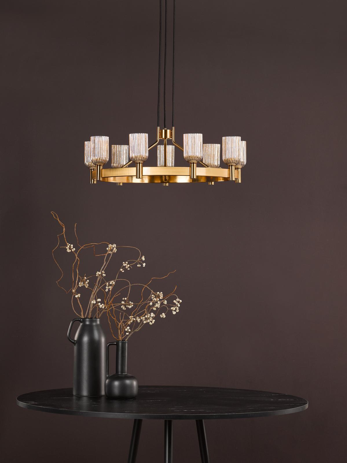 Dar Hilaria 9 Light Pendant Antique Gold and Amber Ribbed Glass