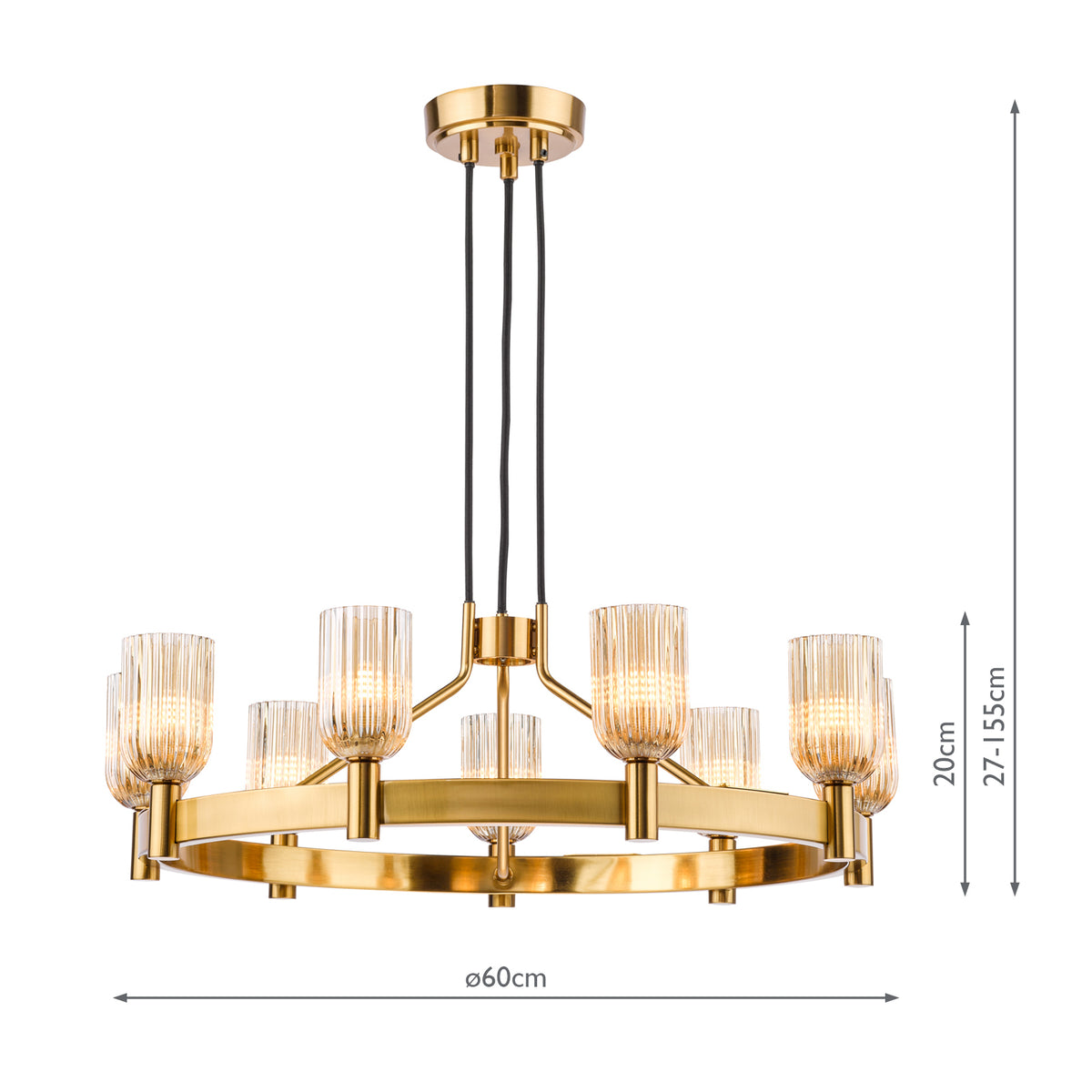 Dar Hilaria 9 Light Pendant Antique Gold and Amber Ribbed Glass