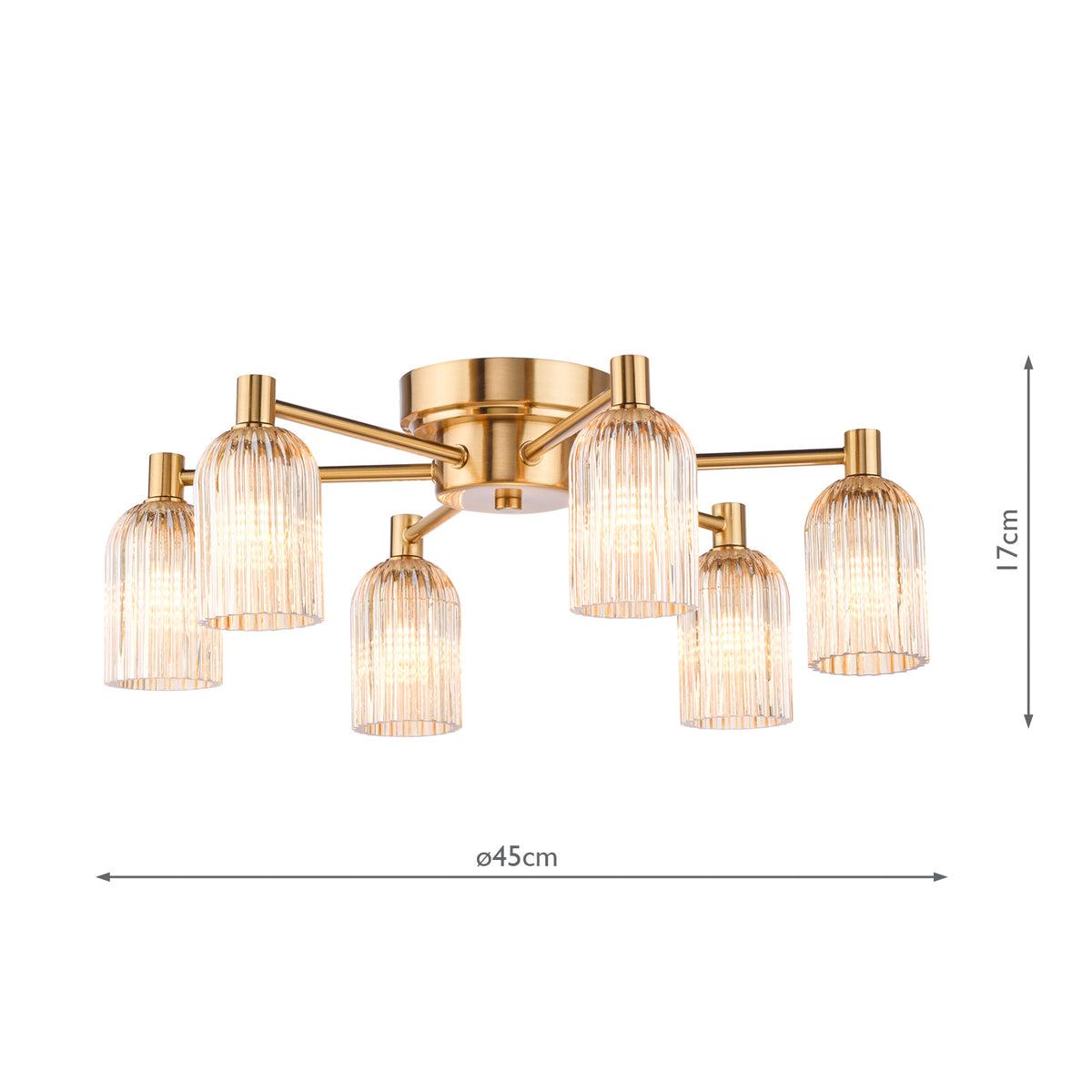 Dar Hilaria 6 Light Flush Antique Gold and Amber Ribbed Glass