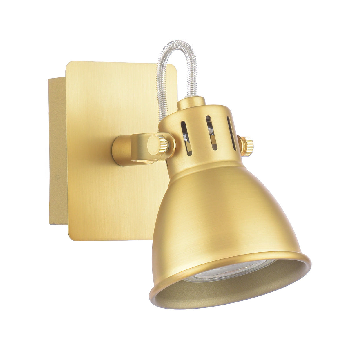 Brushed brass wall spotlight with adjustable head and vented design on white background