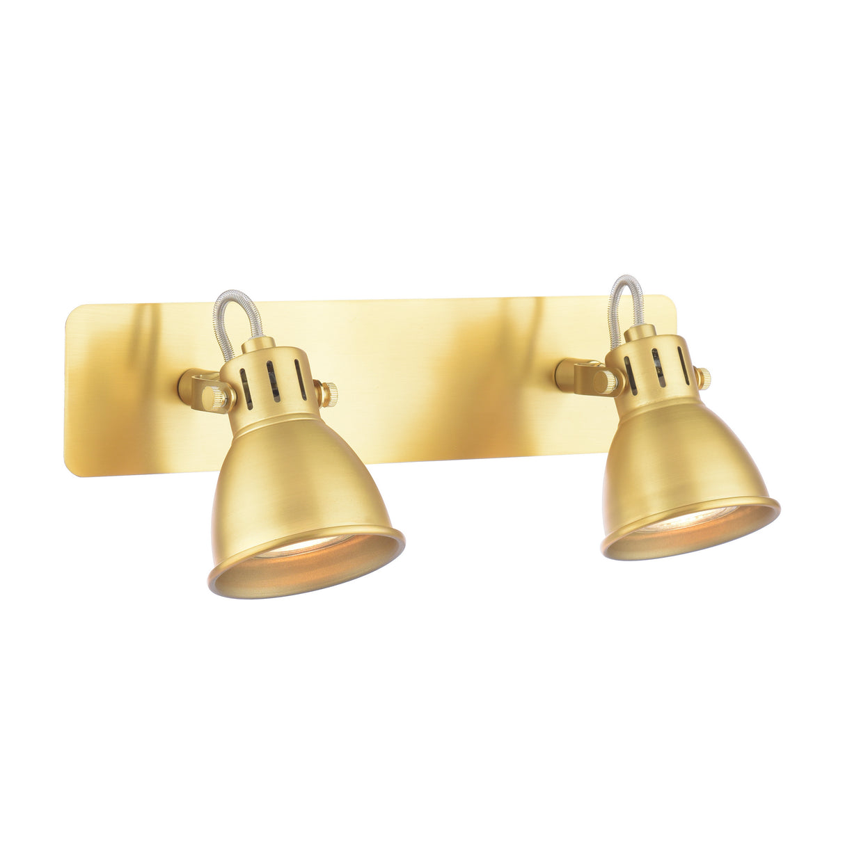 Gold brass double adjustable wall spotlight with rounded rectangular mounting plate