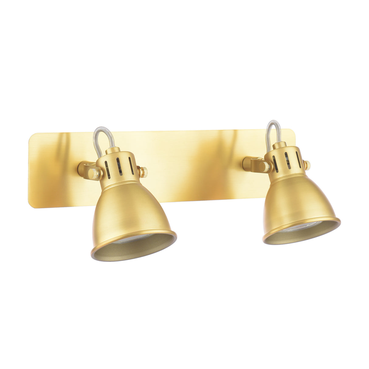 Brushed gold double spotlight wall sconce with adjustable lamps and rectangle backplate