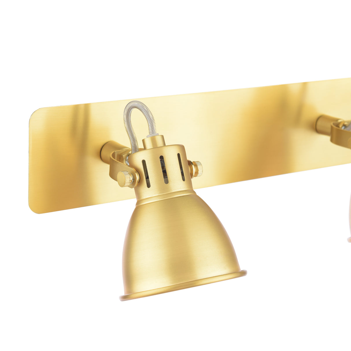 Modern gold metal wall-mounted spotlight lamp with adjustable head on rectangular backplate