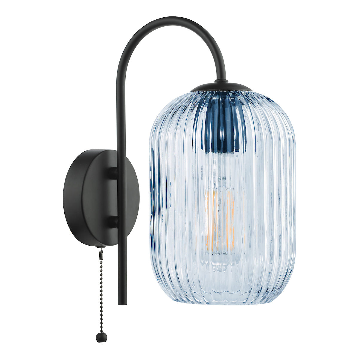 Dar Idra Wall Light Satin Black and Blue Ribbed Glass