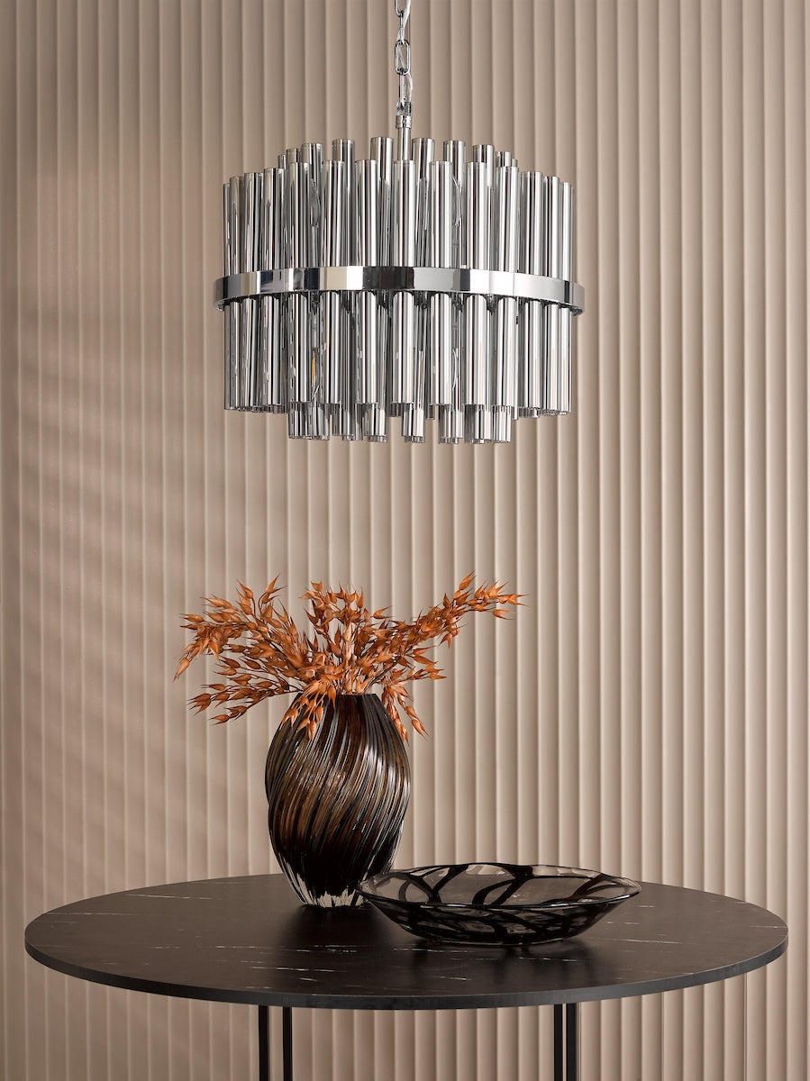 Dar Imani 12 Light Pendant Polished Chrome and Smoked Ribbed Glass