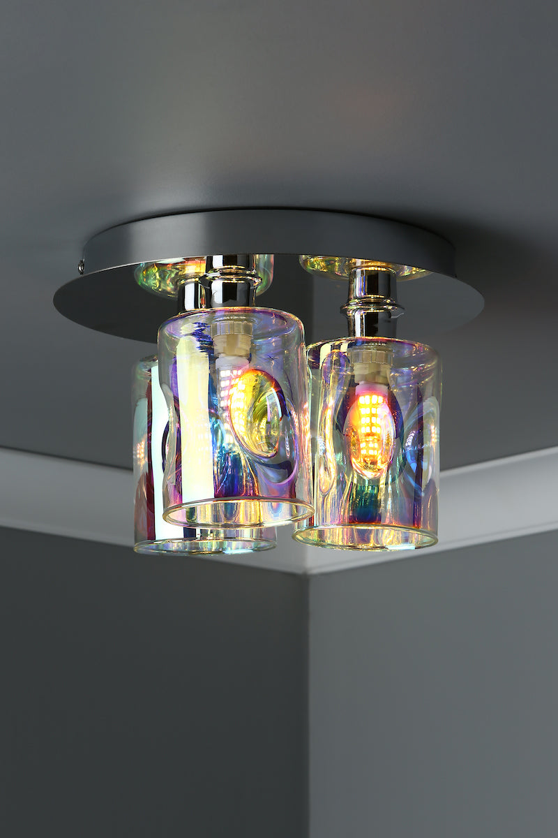 Dar Inter 3 Light Flush Polished Chrome & Iridised Glass