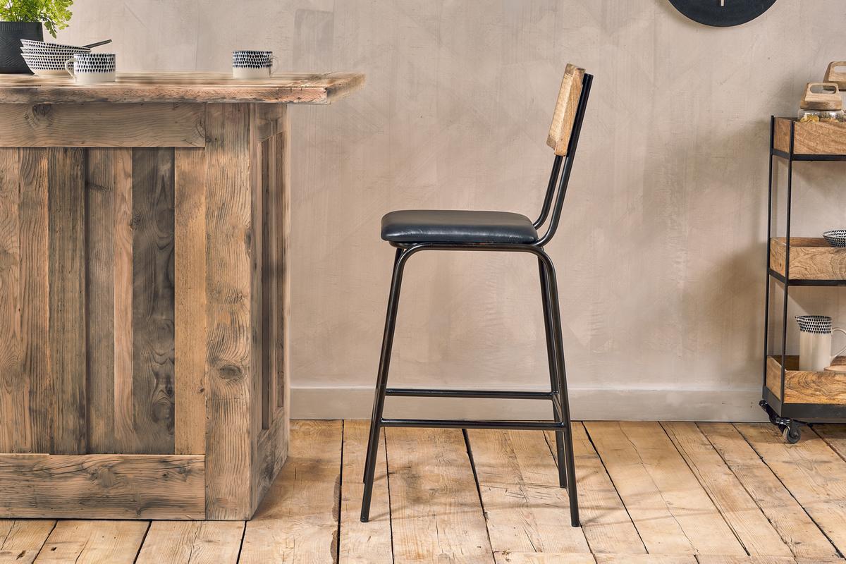 Nkuku Iswa Leather & Cane Counter Chair Aged Black