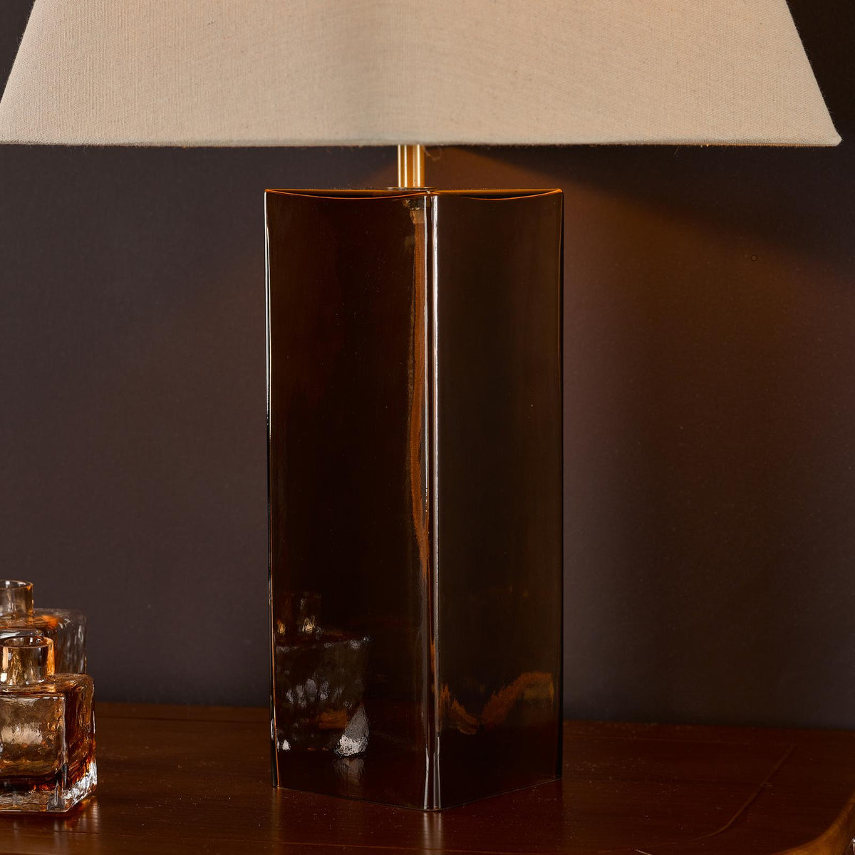 Dar Izar Table Lamp Brown Glass and Antique Brass With Shade