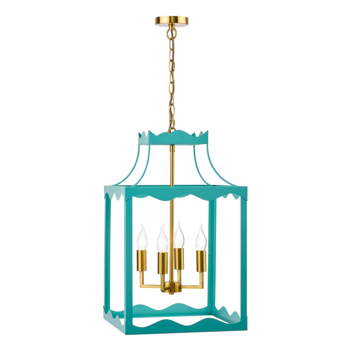 Dar Jinele 4 Light Lantern Satin Eau De Nil Blue and Natural Brass