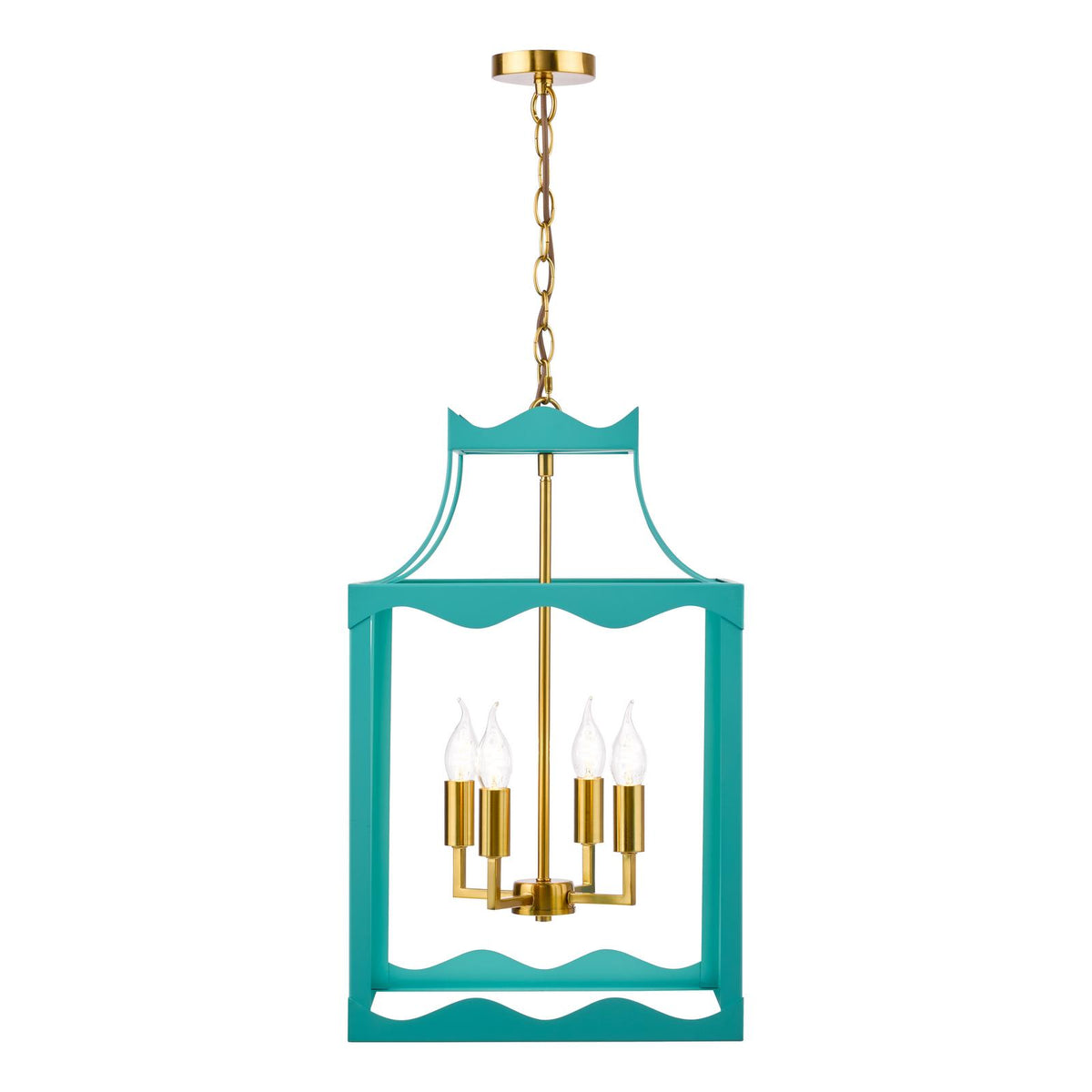 Dar Jinele 4 Light Lantern Satin Eau De Nil Blue and Natural Brass