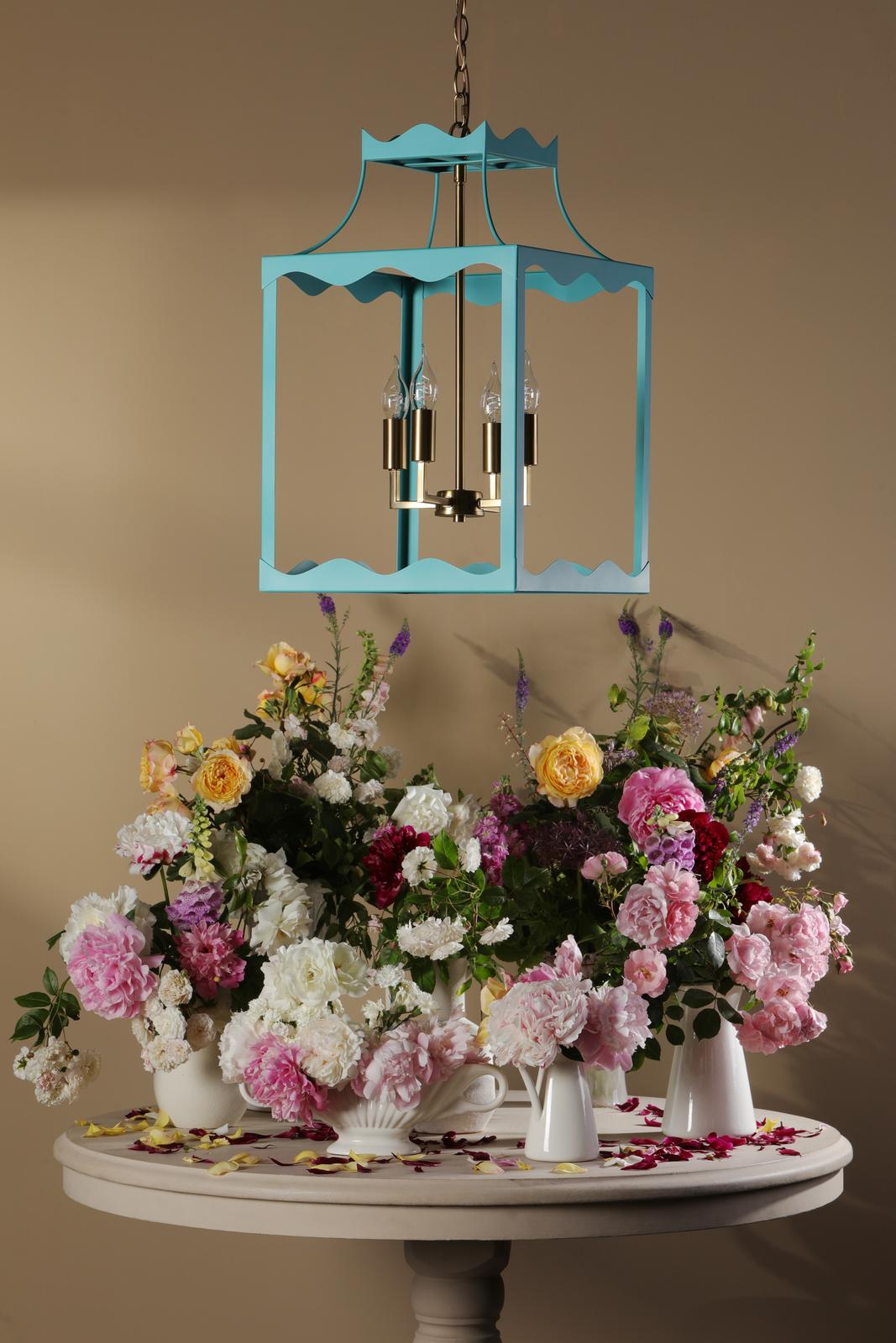 Dar Jinele 4 Light Lantern Satin Eau De Nil Blue and Natural Brass