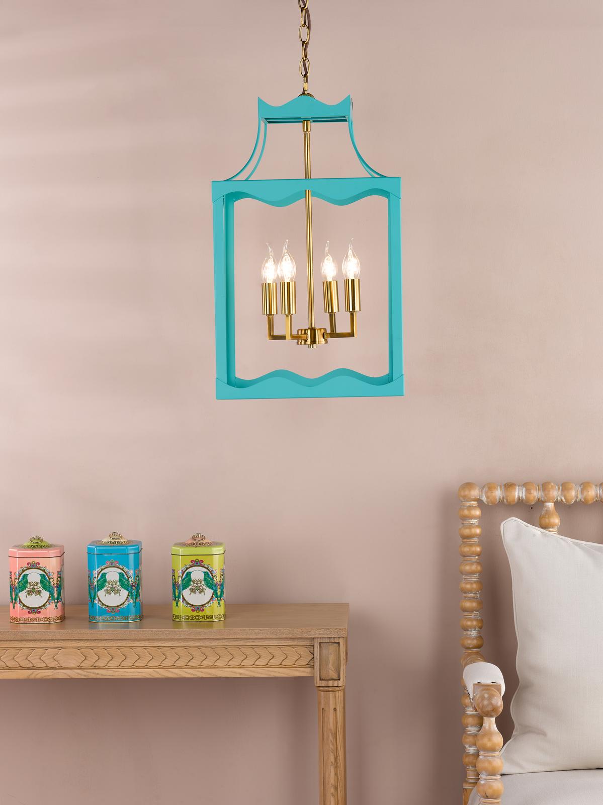 Dar Jinele 4 Light Lantern Satin Eau De Nil Blue and Natural Brass