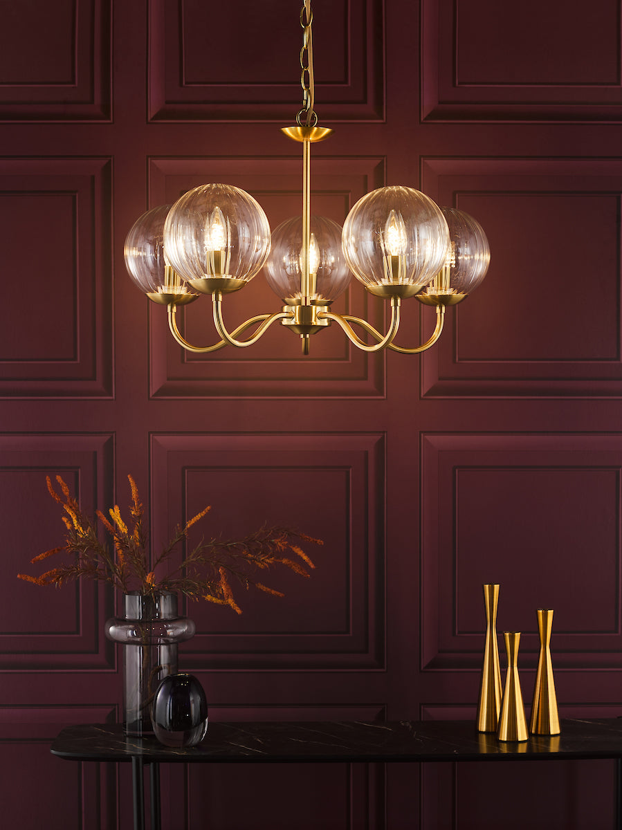 Dar Jocelyn 5 Light Armed Pendant Natural Brass and Glass