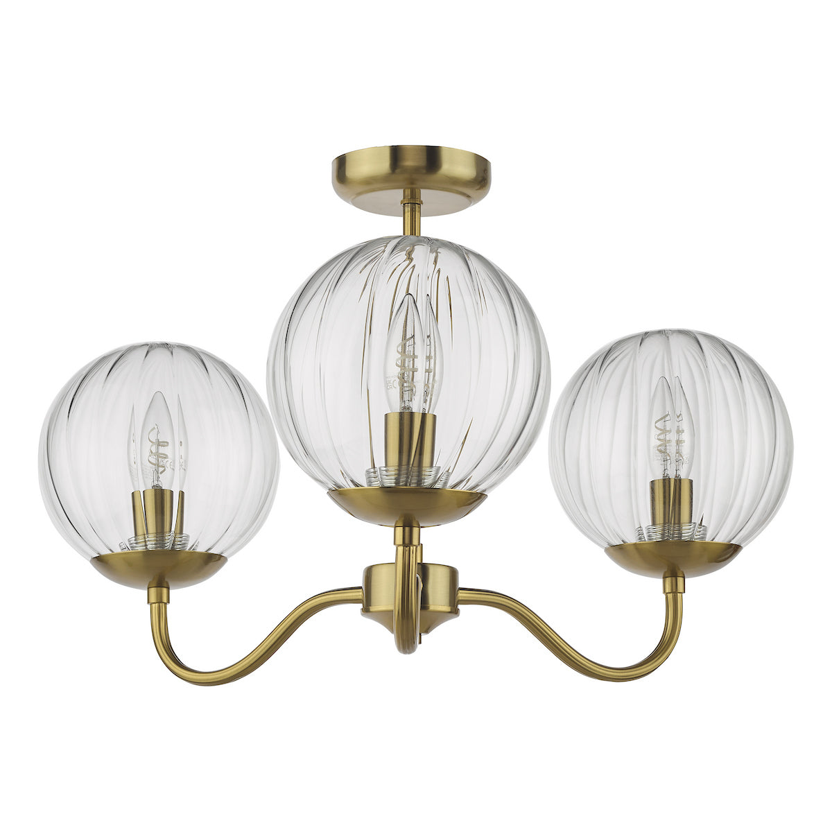 Dar Jocelyn 3 Light Semi-Flush Natural Brass and Glass