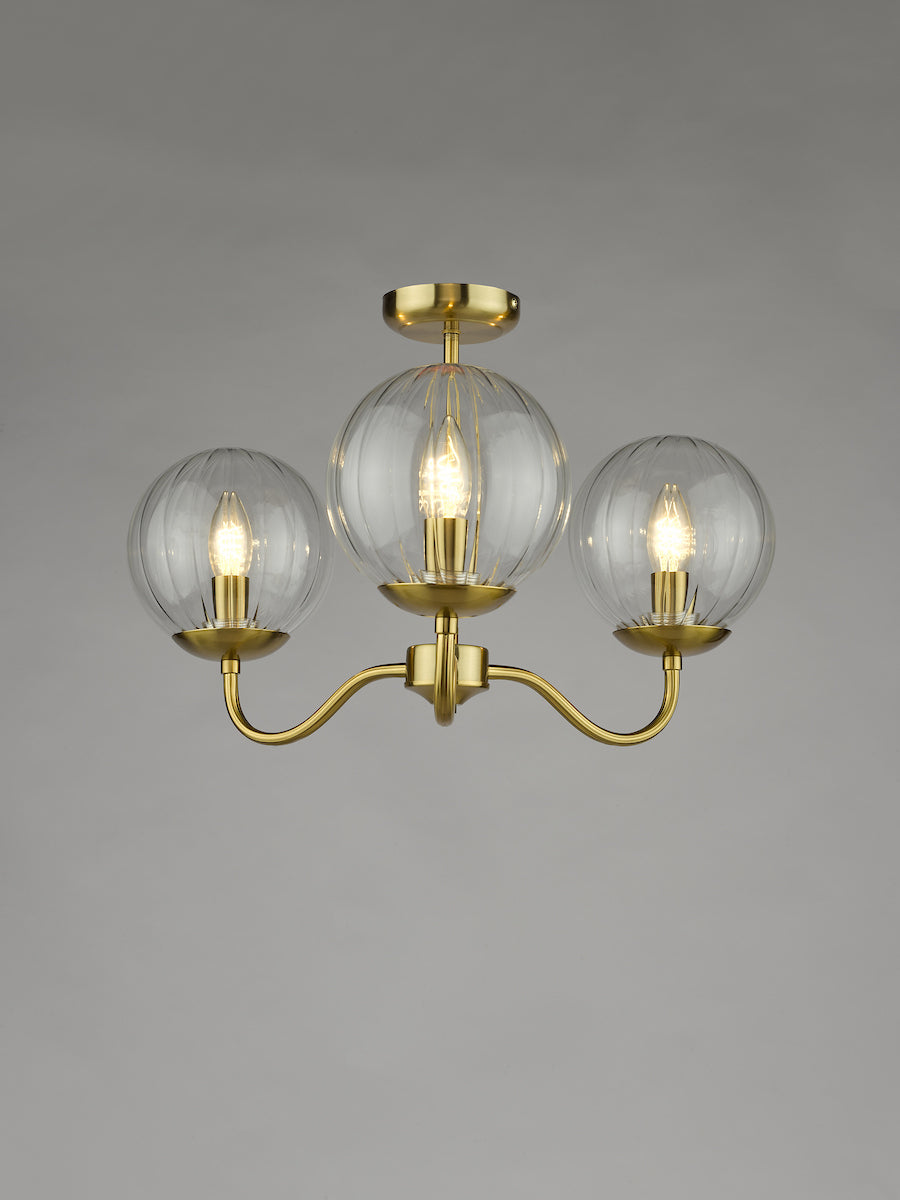 Dar Jocelyn 3 Light Semi-Flush Natural Brass and Glass