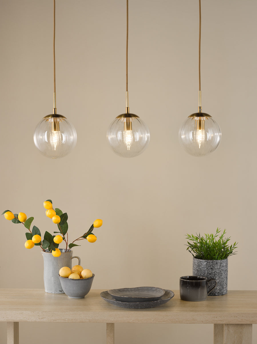 Dar Jocelyn 3 Light Bar Pendant Natural Brass and Glass