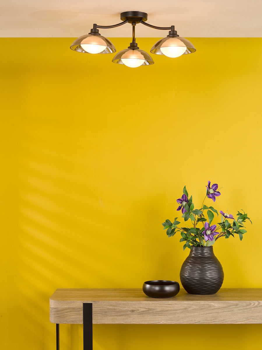 Dar Kadience 3 Light Semi-Flush Satin Black and Smoked Glass