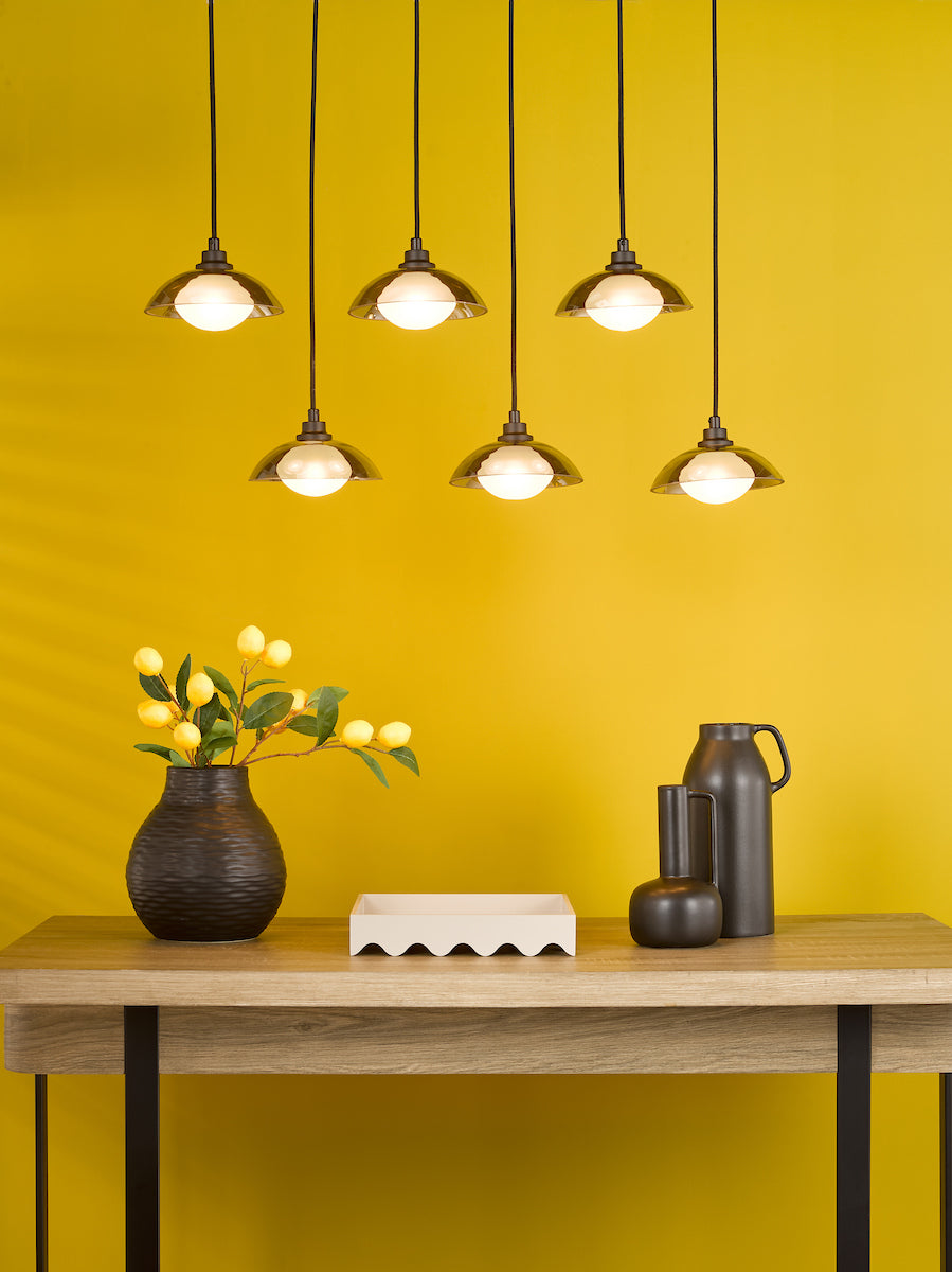 Dar Kadience 6 Light Bar Pendant Satin Black and Smoked Glass