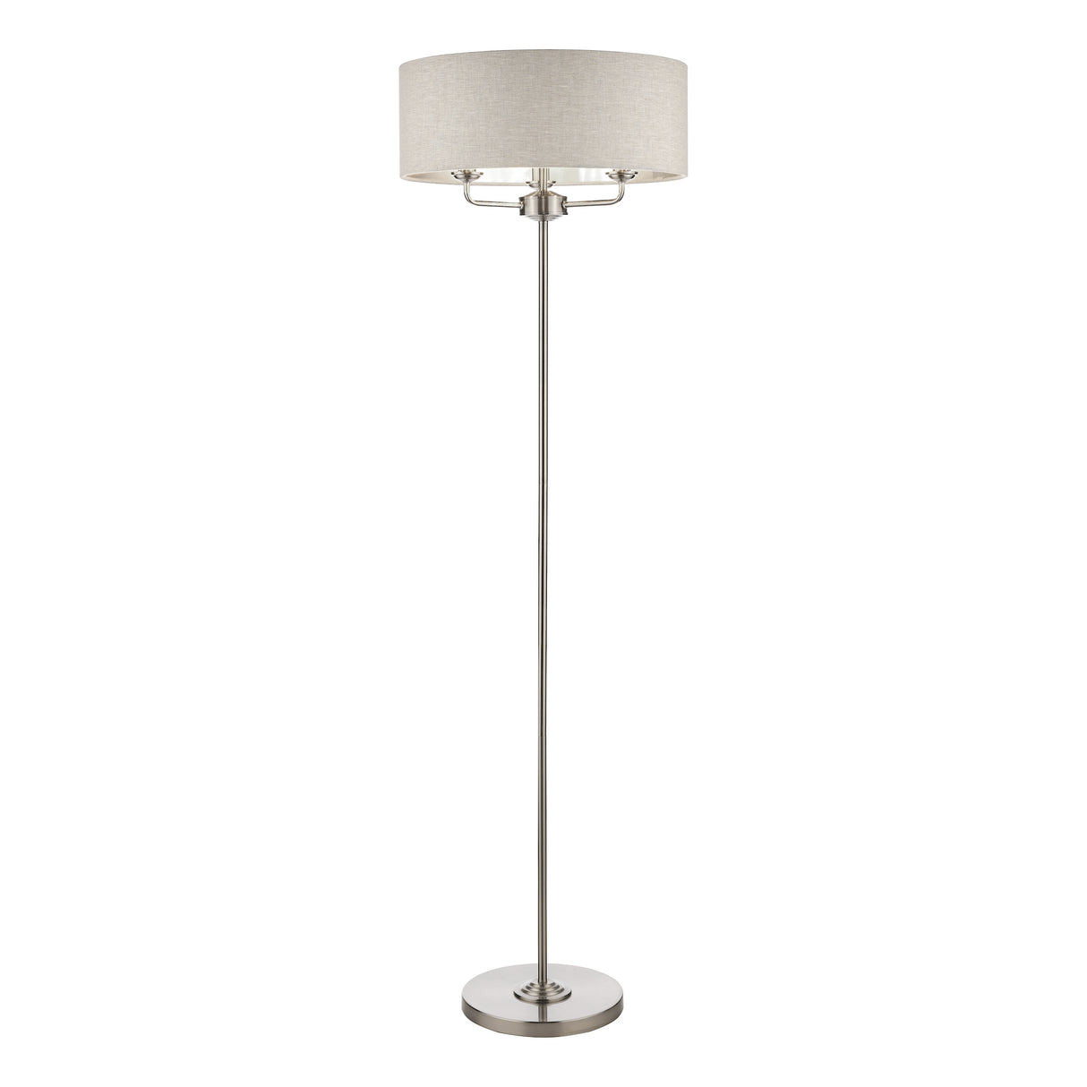 modern floor lamp with brushed nickel metal base and beige fabric drum shade
