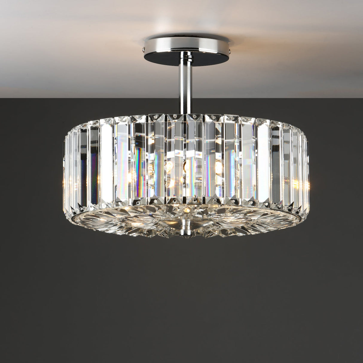 Modern crystal semi-flush ceiling light with polished chrome finish and prism glass shade