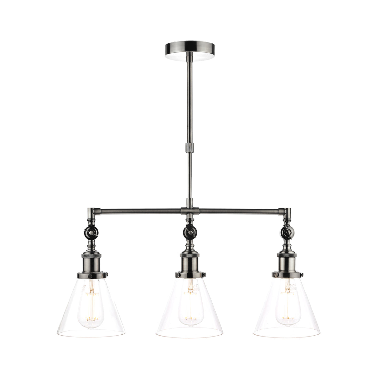 Industrial style three-light pendant chandelier with clear glass shades and metal frame