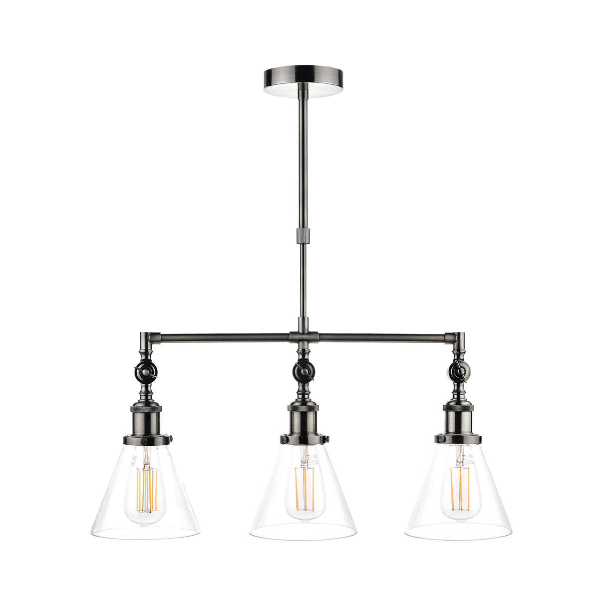 Modern industrial three-light pendant chandelier with clear glass shades and exposed filament bulbs