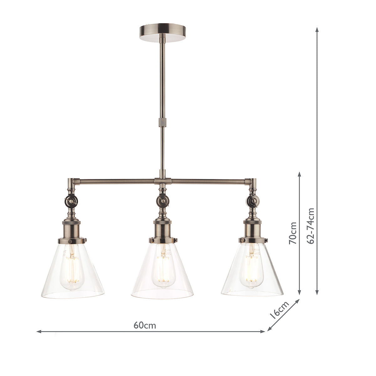 Industrial style triple pendant light with clear glass shades and Edison bulbs, adjustable height