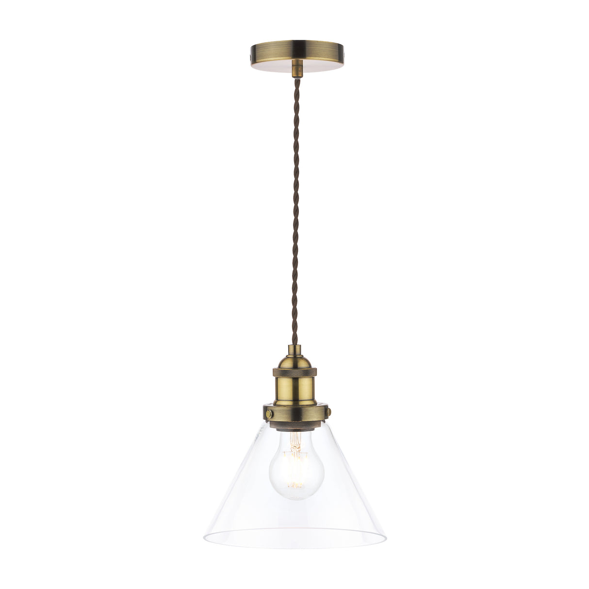 Vintage brass pendant light with clear glass conical shade and twisted fabric cord