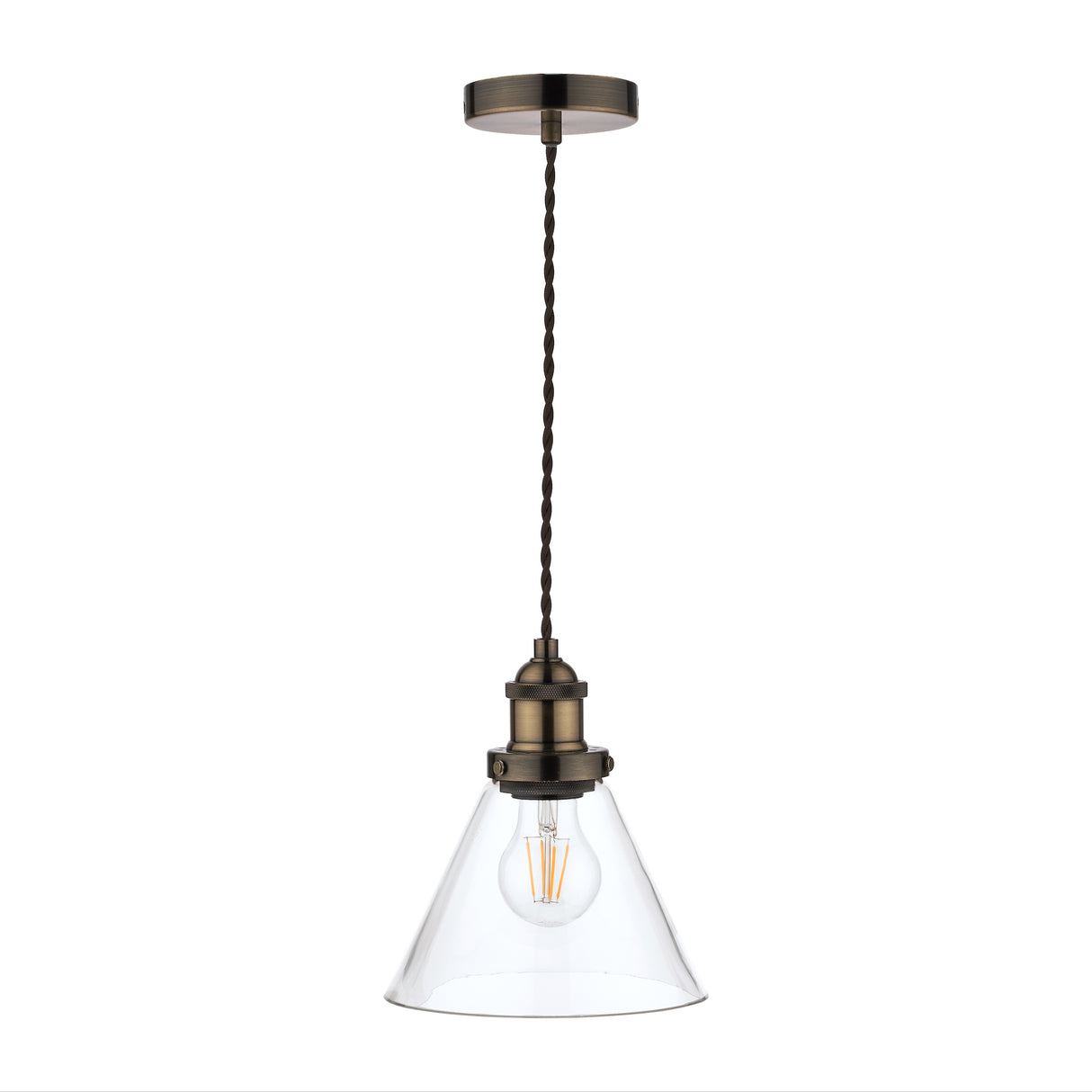 Industrial vintage pendant light with clear glass shade and twisted cord